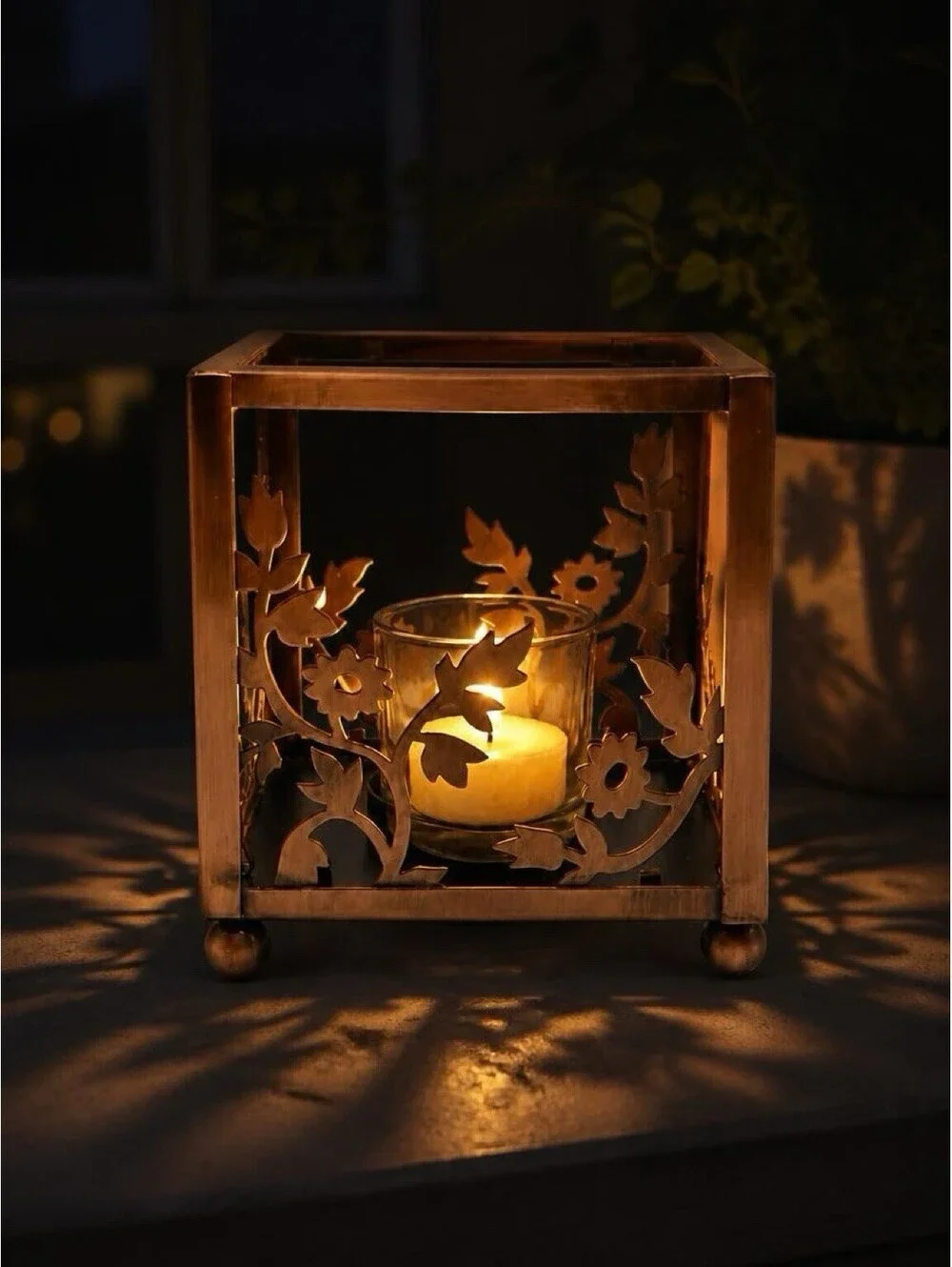 PartyLite Copper Floral Candle Holder Metal Lantern Votive Tealight Glass Insert